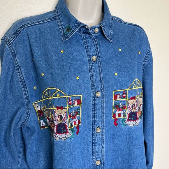 Bobbie Brooks Christmas Holiday Embroidered Denim Button Front Shirt Women Large - Picture 2 of 12